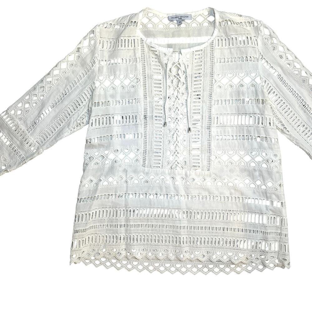 Valerie Khalfon 100% Cotton Cream Eyelet Peasant Blouse Size EUR 38 (US Medium)